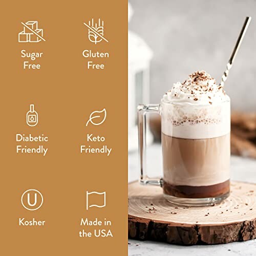 Coffee drink with whipped cream on wooden coaster, featuring benefits: sugar-free, gluten-free, diabetic-friendly, keto-friendly, kosher, made in USA.