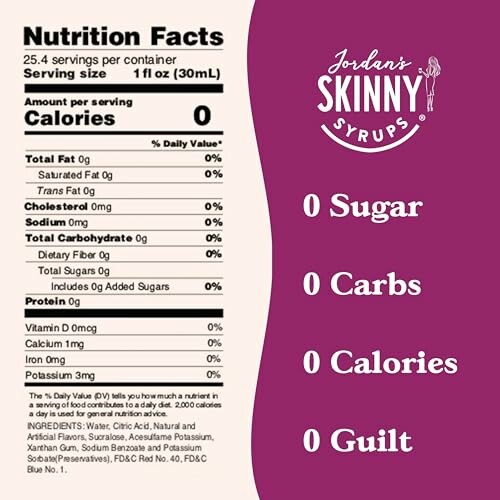 Jordan's Skinny Syrups nutrition facts showing zero sugar, carbs, calories, and guilt.