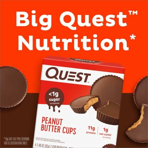 Quest peanut butter cups packaging with nutritional info.