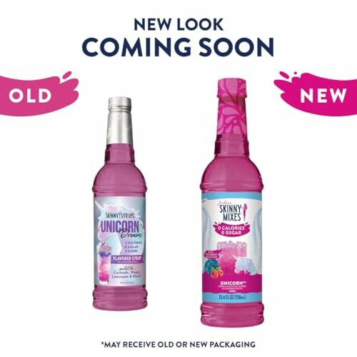 Skinny Syrups Unicorn Dreams flavored syrup bottles, old and new packaging comparison.